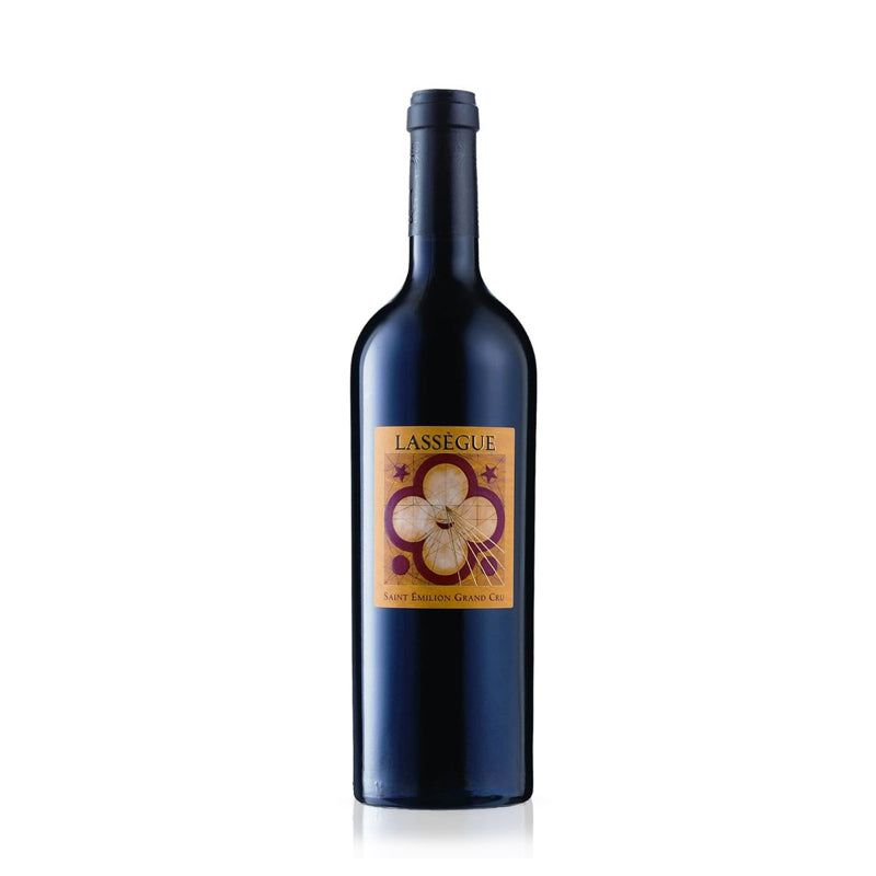 A bottle of Chateau Lassegue red wine.