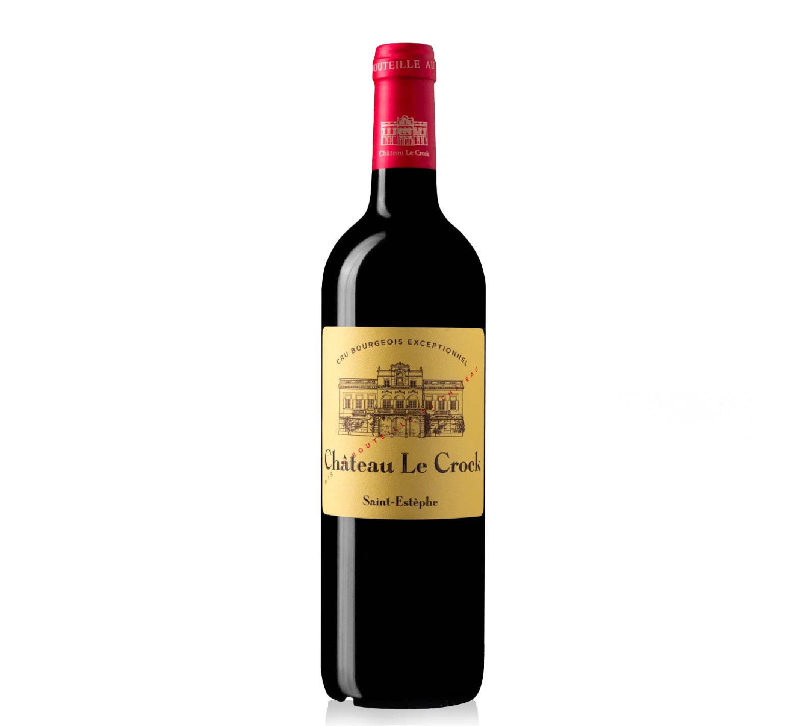 Bottle of Château Le Crock Saint-Estèphe red wine, classic Bordeaux blend with rich dark fruit and subtle oak notes.