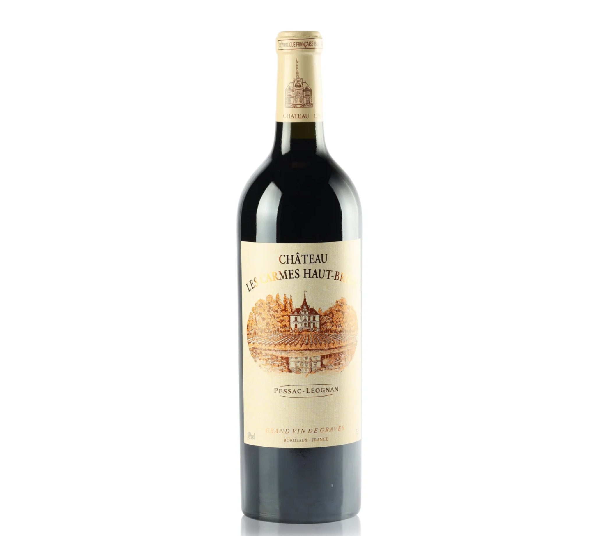 A bottle of Château Les Carmes Haut-Brion red wine.