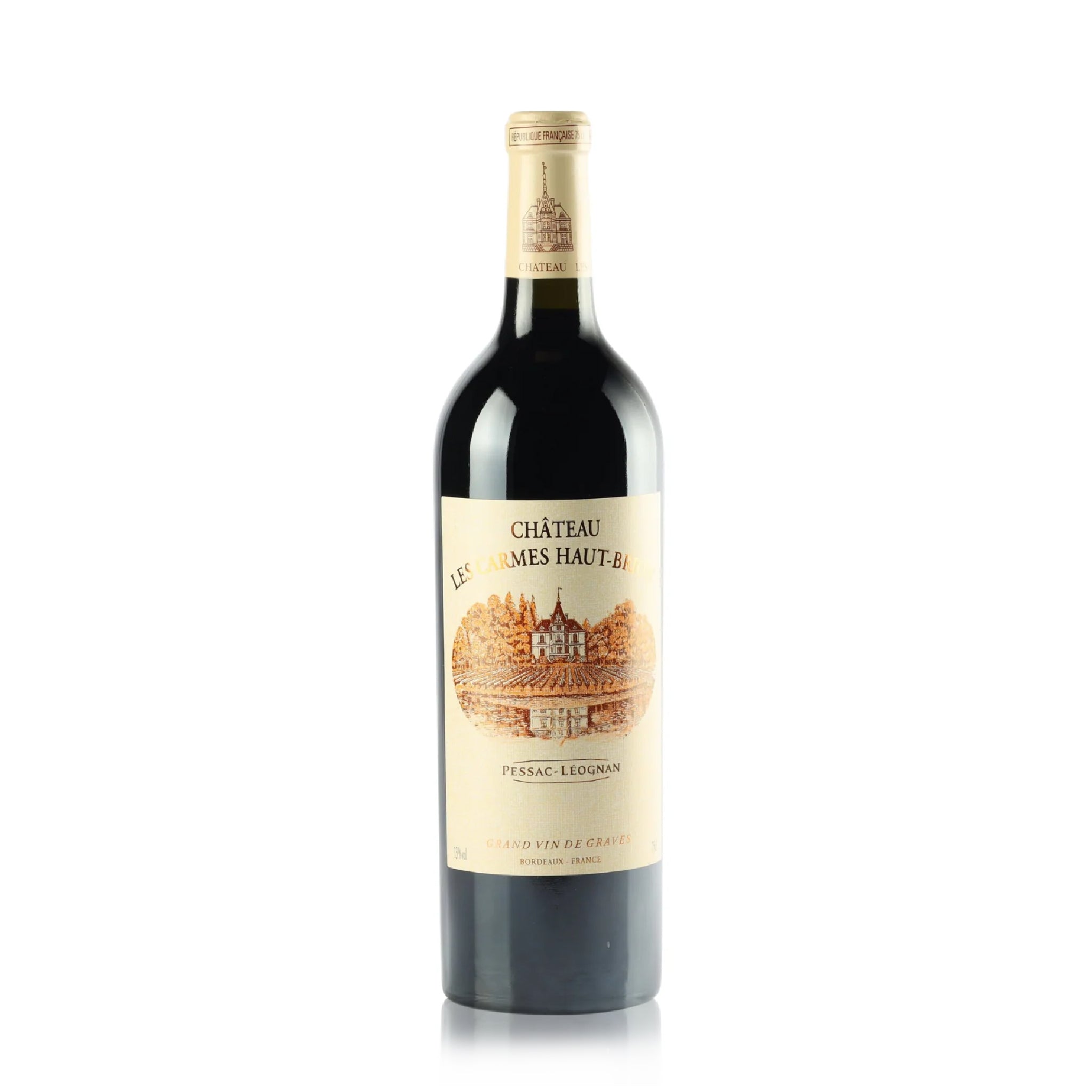 A bottle of Château Les Carmes Haut-Brion red wine.