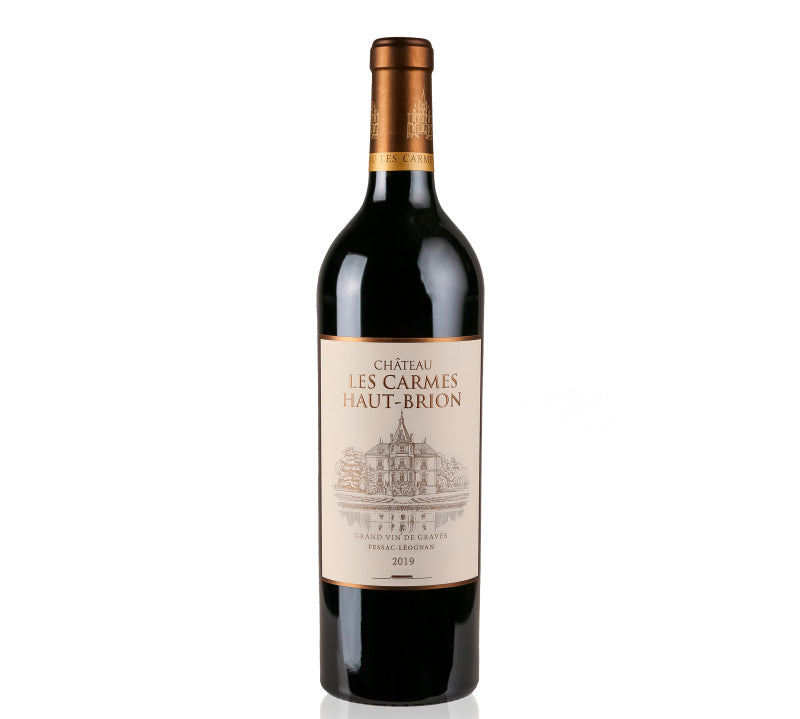 Bottle of Chateau Les Carmes Haut-Brion Pessac-Leognan 2019 red wine.