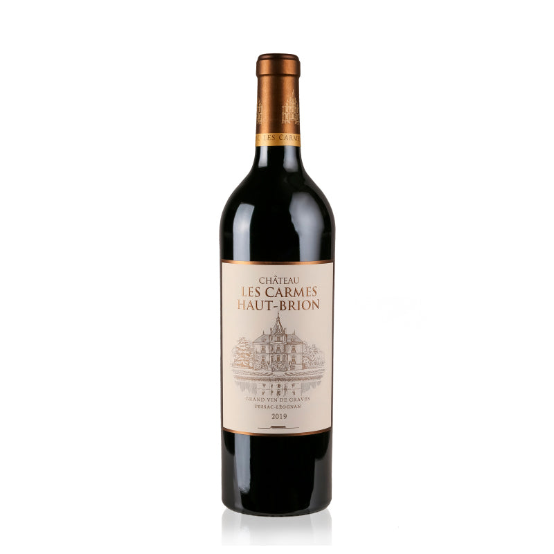 Bottle of Chateau Les Carmes Haut-Brion Pessac-Leognan 2019 red wine.