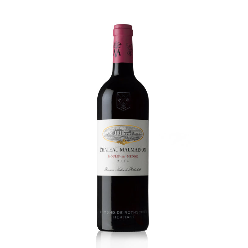 Bottle of Chateau Malmaison 2014, 750ml red Bordeaux wine with deep ruby color and notes of black fruits, cedar, and subtle oak.