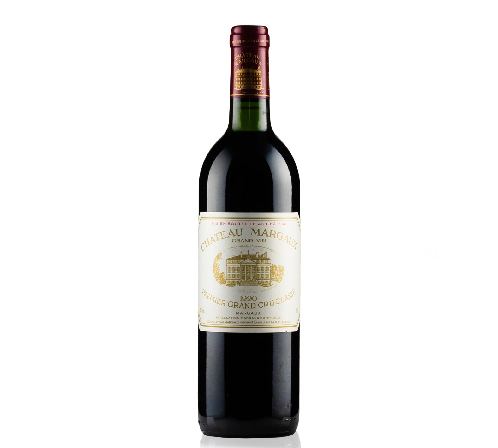 Bottle of Château Margaux 1990, a classic Bordeaux red wine with rich flavors of dark berries, plum, and hints of oak, showcasing elegance, complexity, and a long, refined finish.