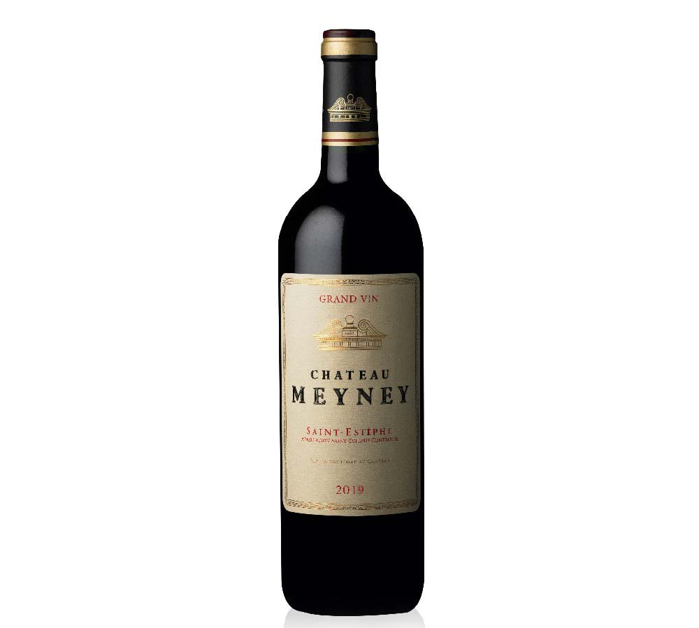 A bottle of Chateau Meyney 2019 red wine