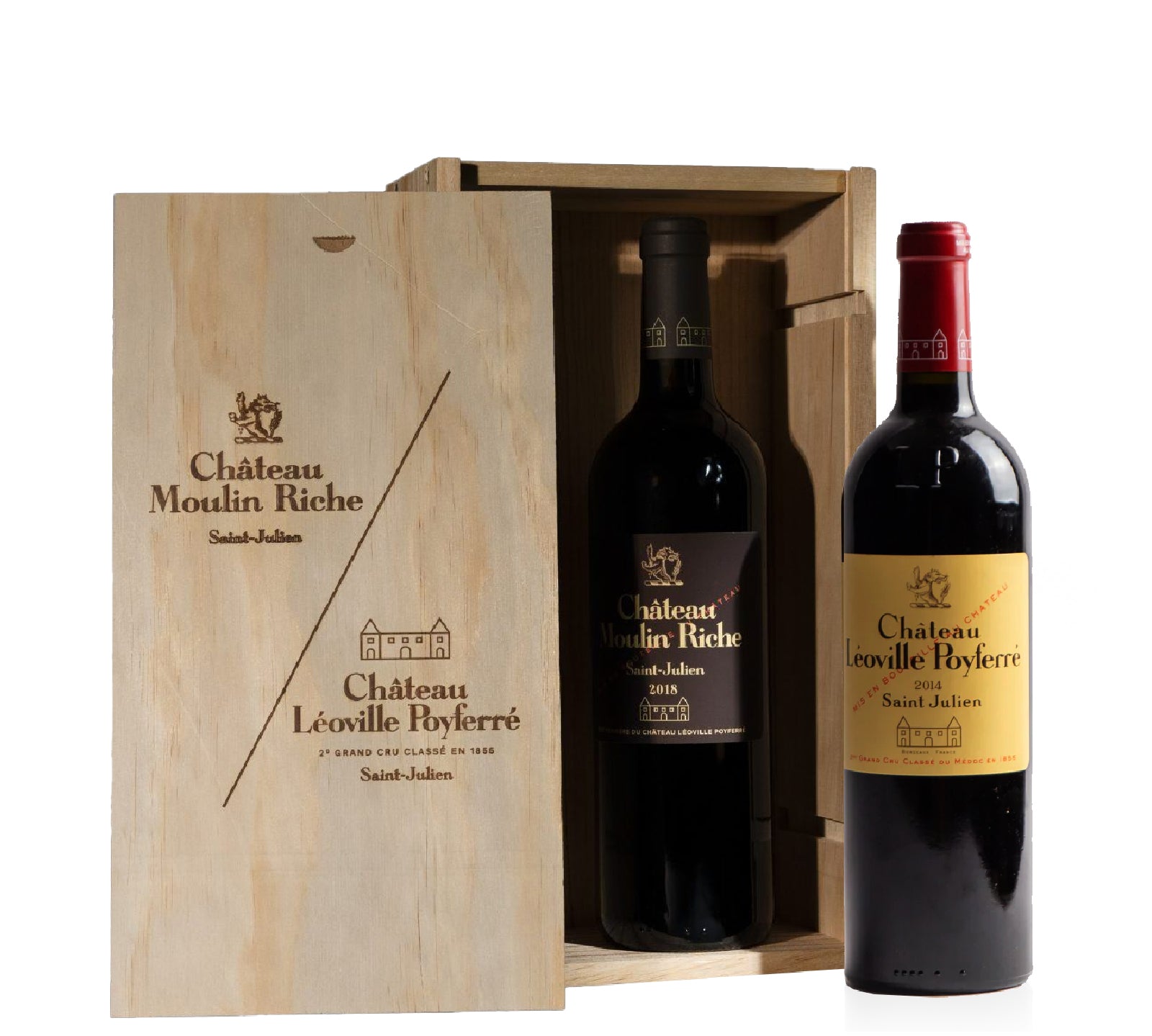 Two bottles of Chateau Léoville Poyferré wine in a wooden box.