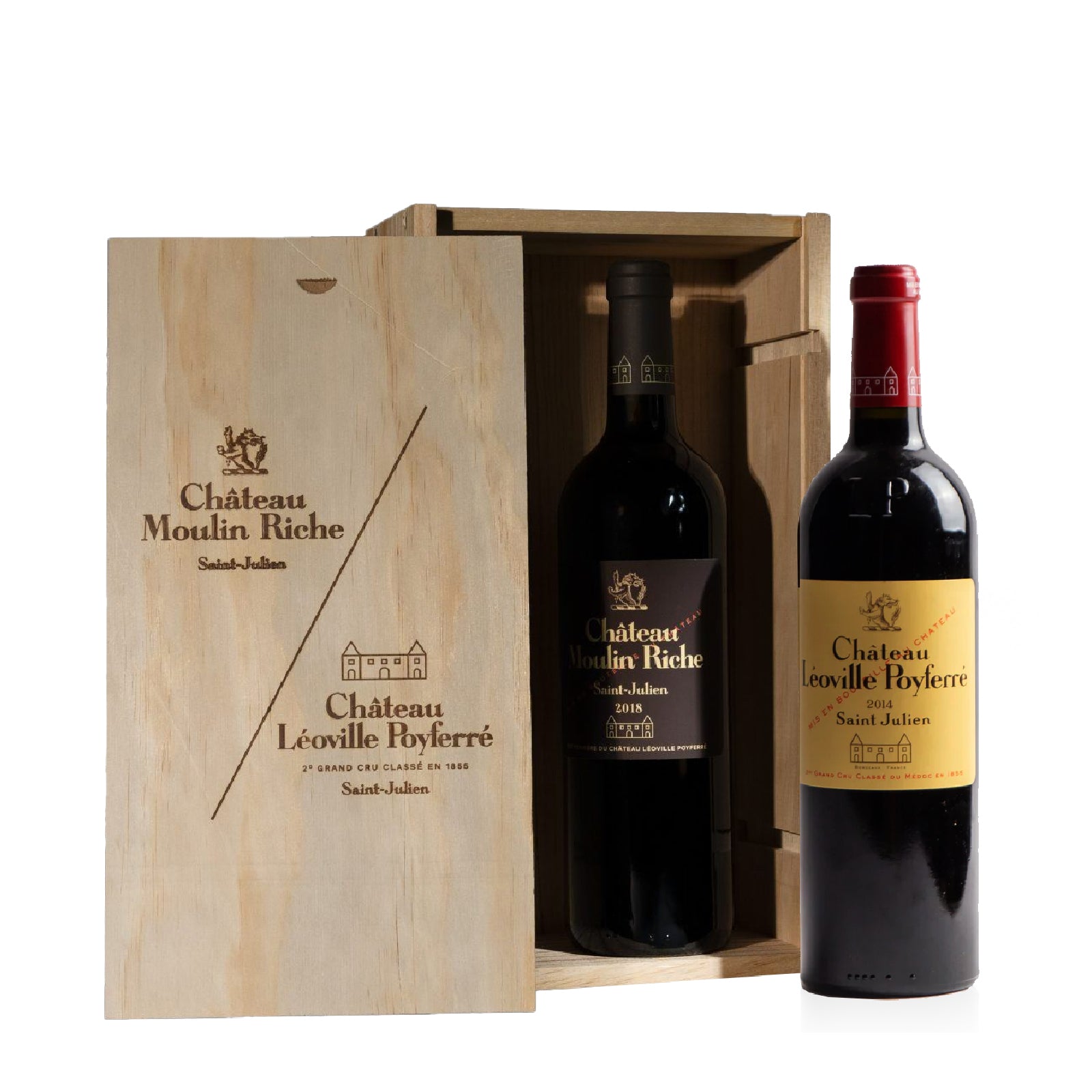 Two bottles of Chateau Léoville Poyferré wine in a wooden box.