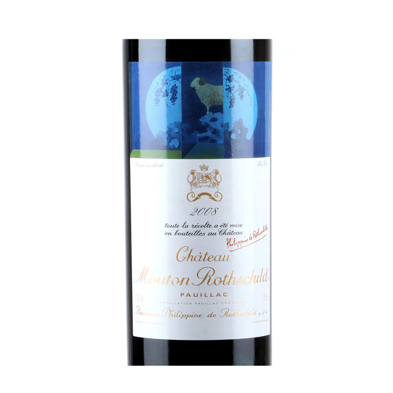 Bottle of Château Mouton Rothschild 2008 with dark berry, cassis, plum, cedar, and spice notes.