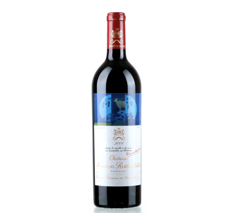 Bottle of Château Mouton Rothschild 2008 with dark berry, cassis, plum, cedar, and spice notes.