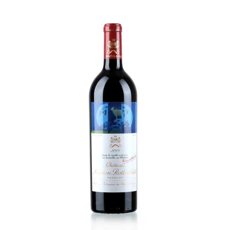 Bottle of Château Mouton Rothschild 2008 with dark berry, cassis, plum, cedar, and spice notes.
