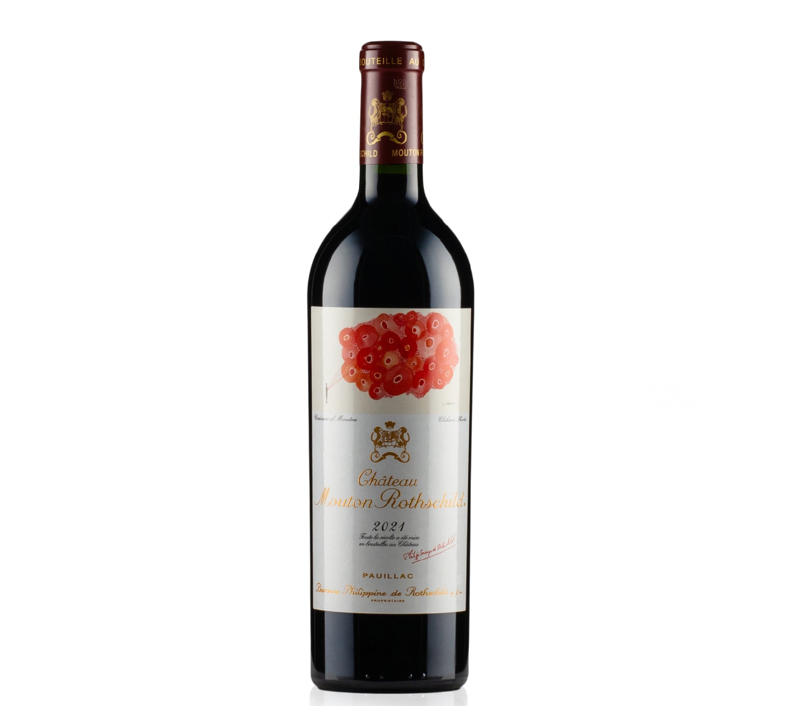 Bottle of Château Mouton Rothschild 2021 with dark berry, cassis, plum, spice, and cedar notes.
