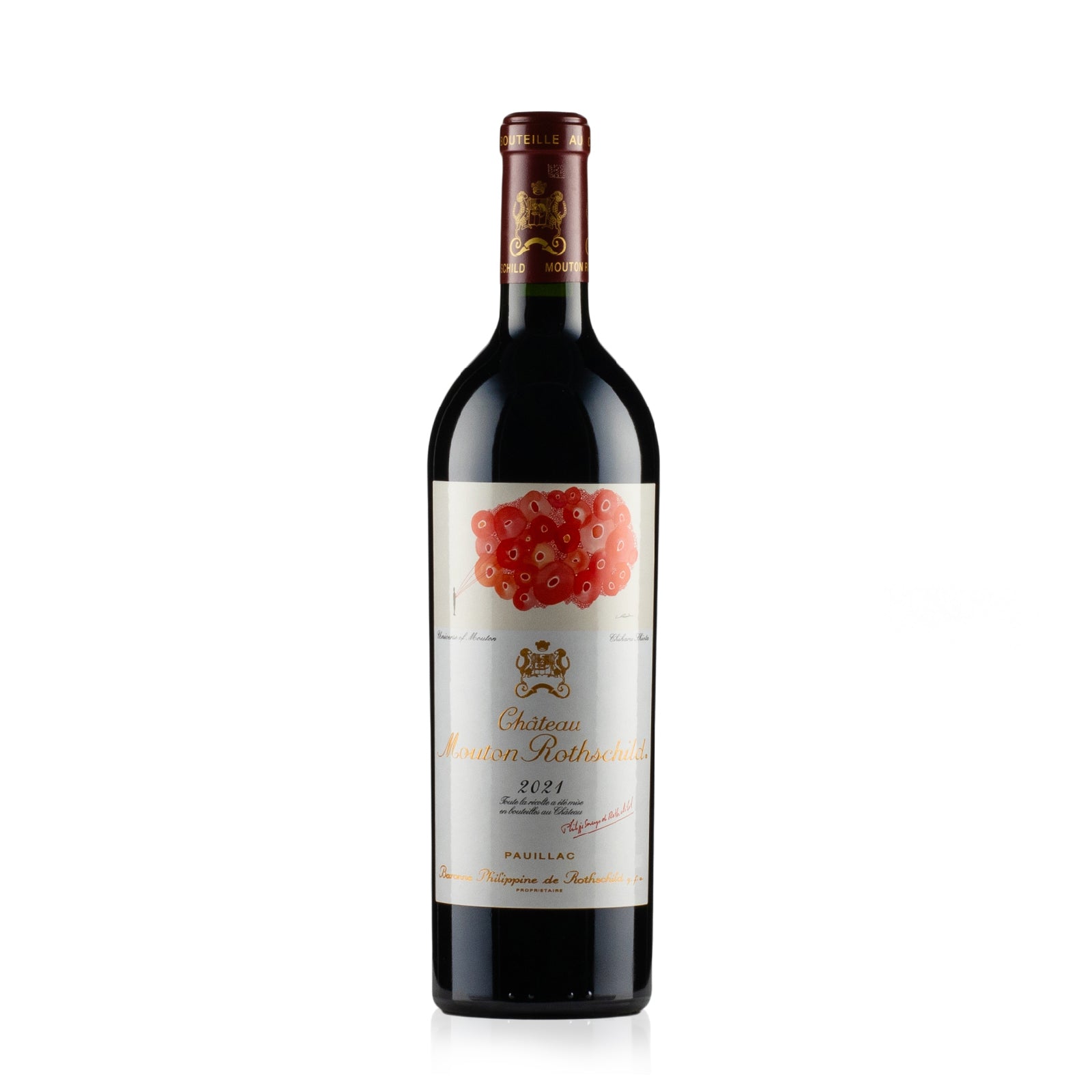 Bottle of Château Mouton Rothschild 2021 with dark berry, cassis, plum, spice, and cedar notes.