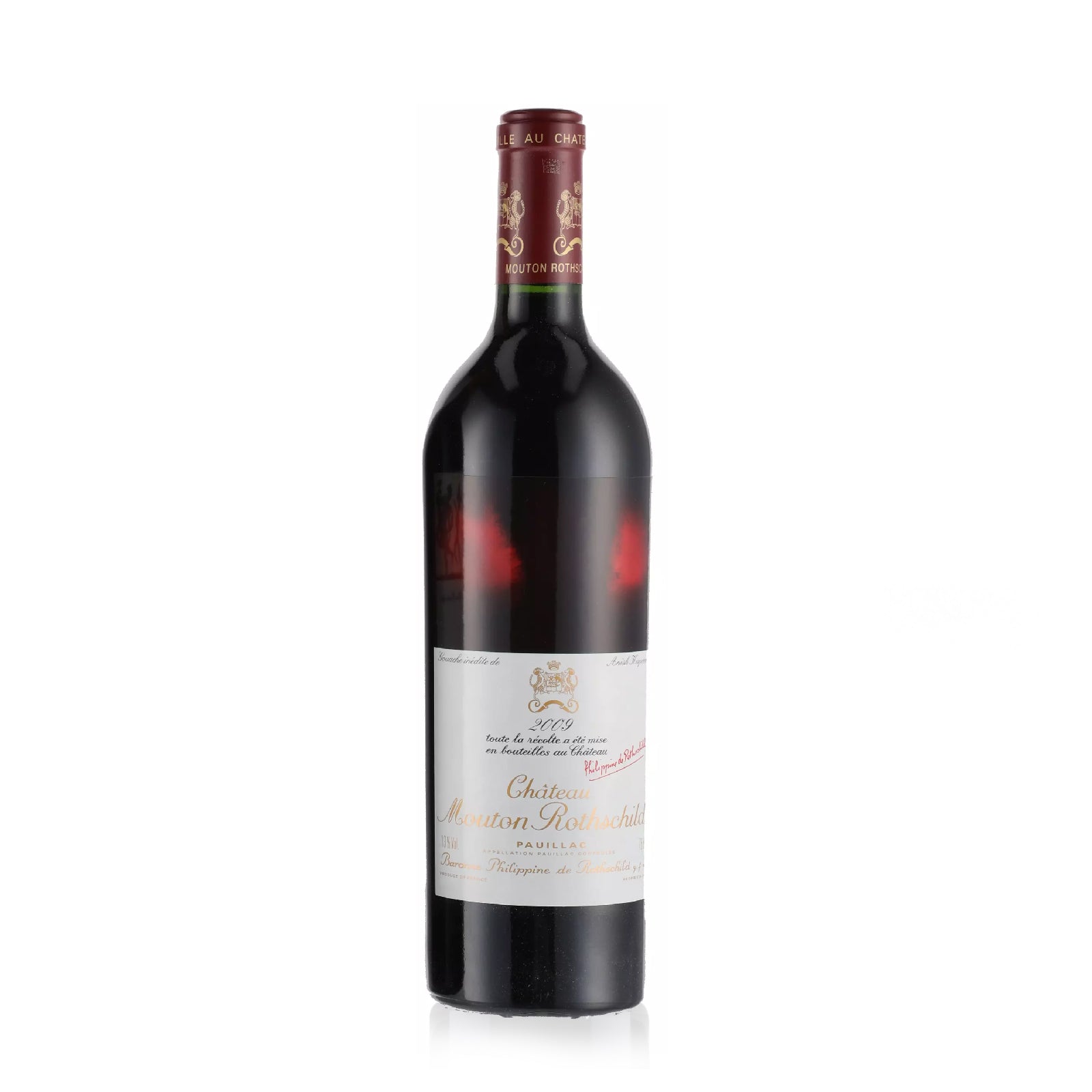 Bottle of Château Mouton Rothschild Pauillac 2009, 750ml, prestigious Bordeaux red wine from France.