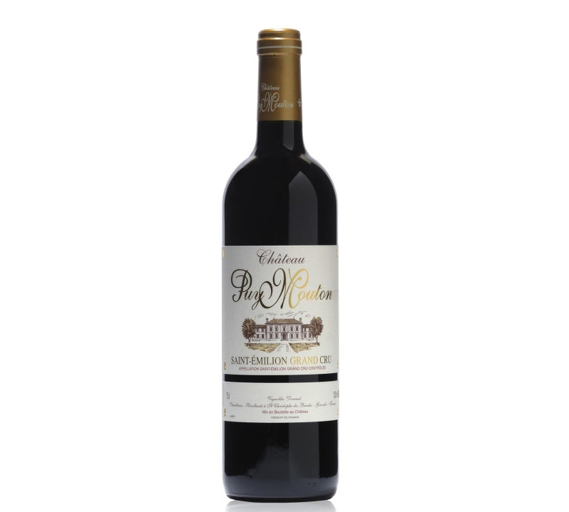 Bottle of Chateau Puy Mouton Saint-Emilion Grand Cru 750ml, rich red Bordeaux wine with elegant tannins and complex aromas of dark fruits and spices.