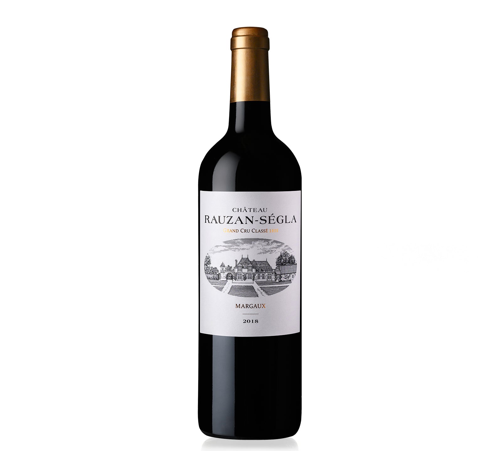 Bottle of Chateau Rauzan Segla Margaux 2018 wine with a label depicting the vineyard and the name of the wine.