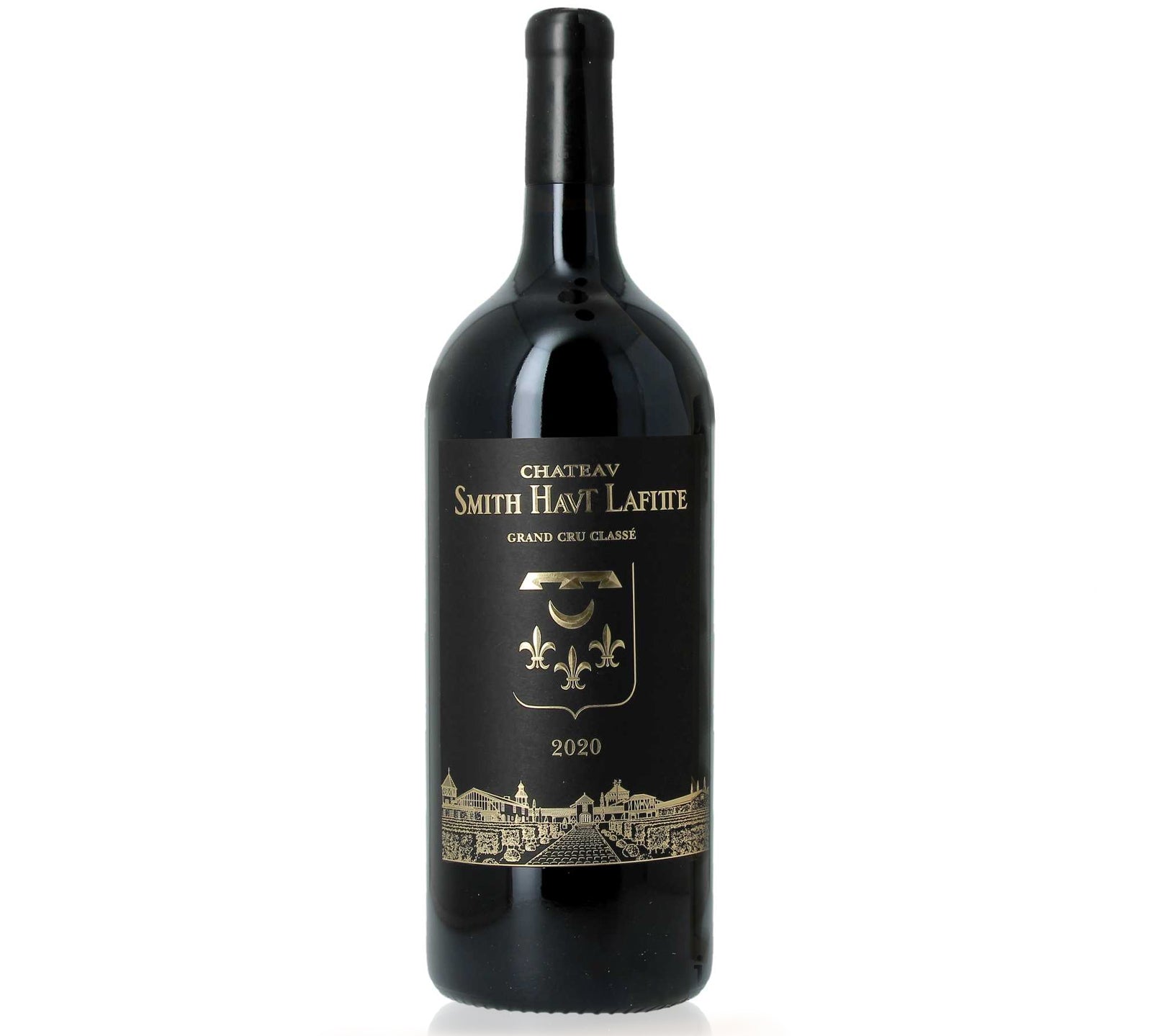 A magnum bottle of Chateau Smith Haut Lafitte Pessac-Leognan Grand Cru 2020 wine with a dark label and a view of a cityscape on it.