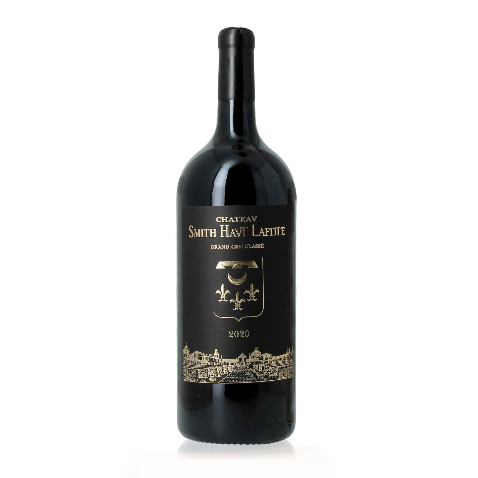 A magnum bottle of Chateau Smith Haut Lafitte Pessac-Leognan Grand Cru 2020 wine with a dark label and a view of a cityscape on it.