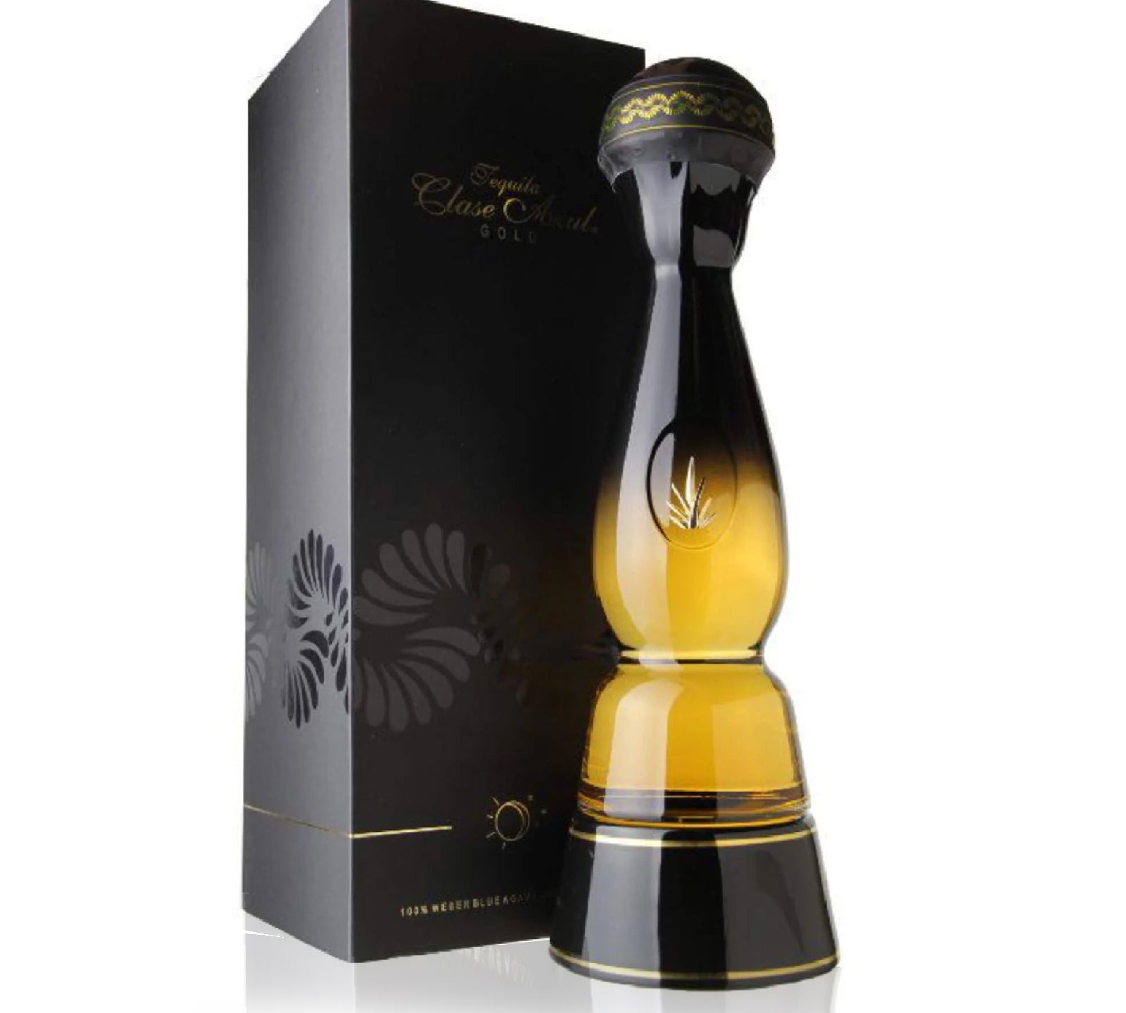 Bottle of Clase Azul Gold Tequila 750ml, featuring a unique decanter that combines glass and black ceramic, adorned with two 24-karat gold ribbons.