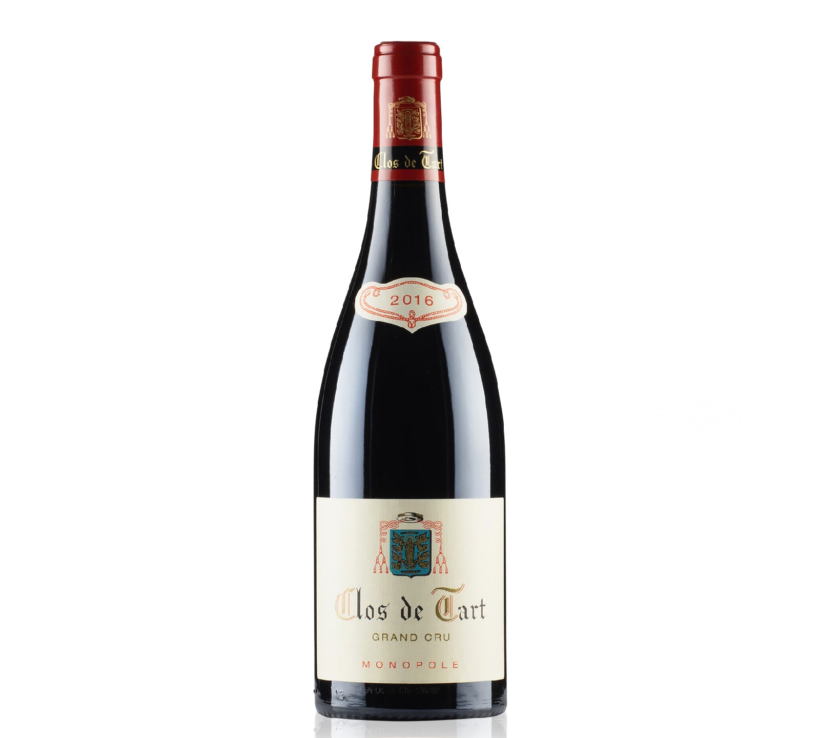 Bottle of Clos de Tart Grand Cru 2016 Ex-Domaine with red and black fruit, floral, and earthy notes.