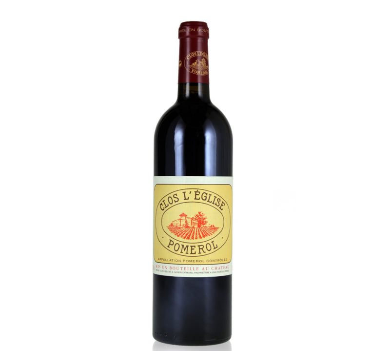 A bottle of Clos L'Eglise red wine.