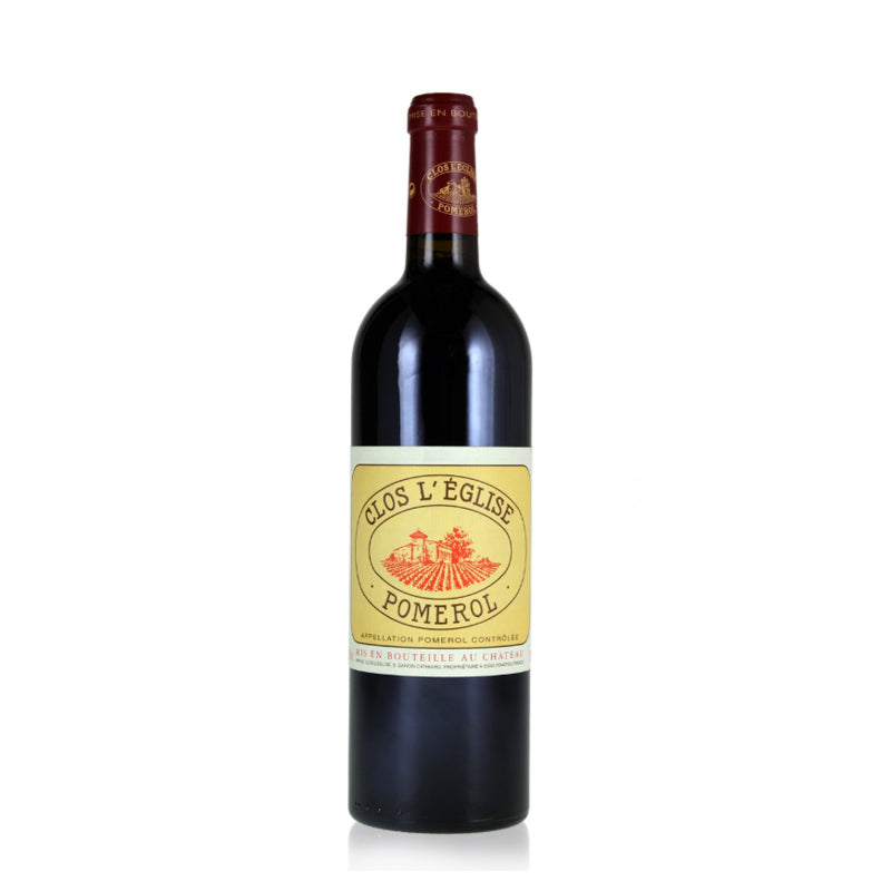 A bottle of Clos L'Eglise red wine.