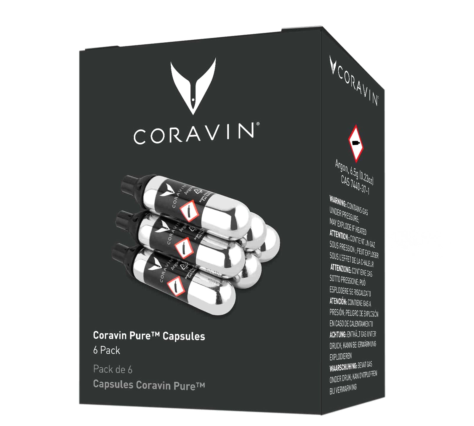 A pack of six Coravin Pure™ argon gas capsules, displaying the product name and quantity, against a black background with the Coravin logo.