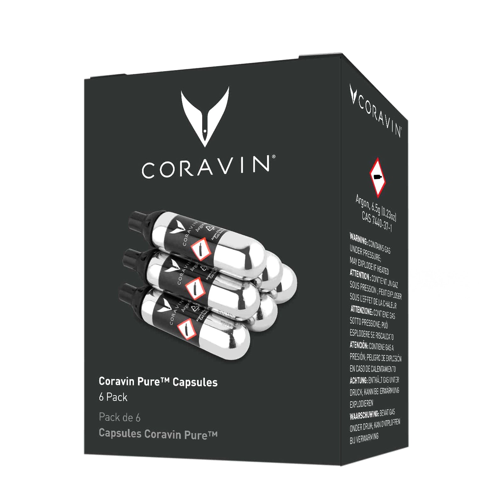 A pack of six Coravin Pure™ argon gas capsules, displaying the product name and quantity, against a black background with the Coravin logo.