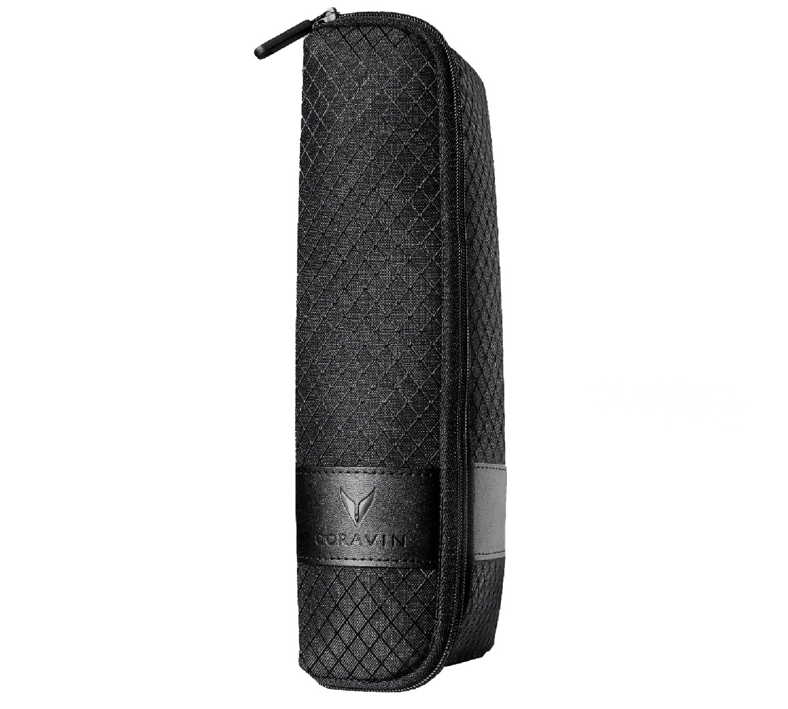 A black Coravin carry case with a textured surface and a zip closure, featuring the Coravin logo.