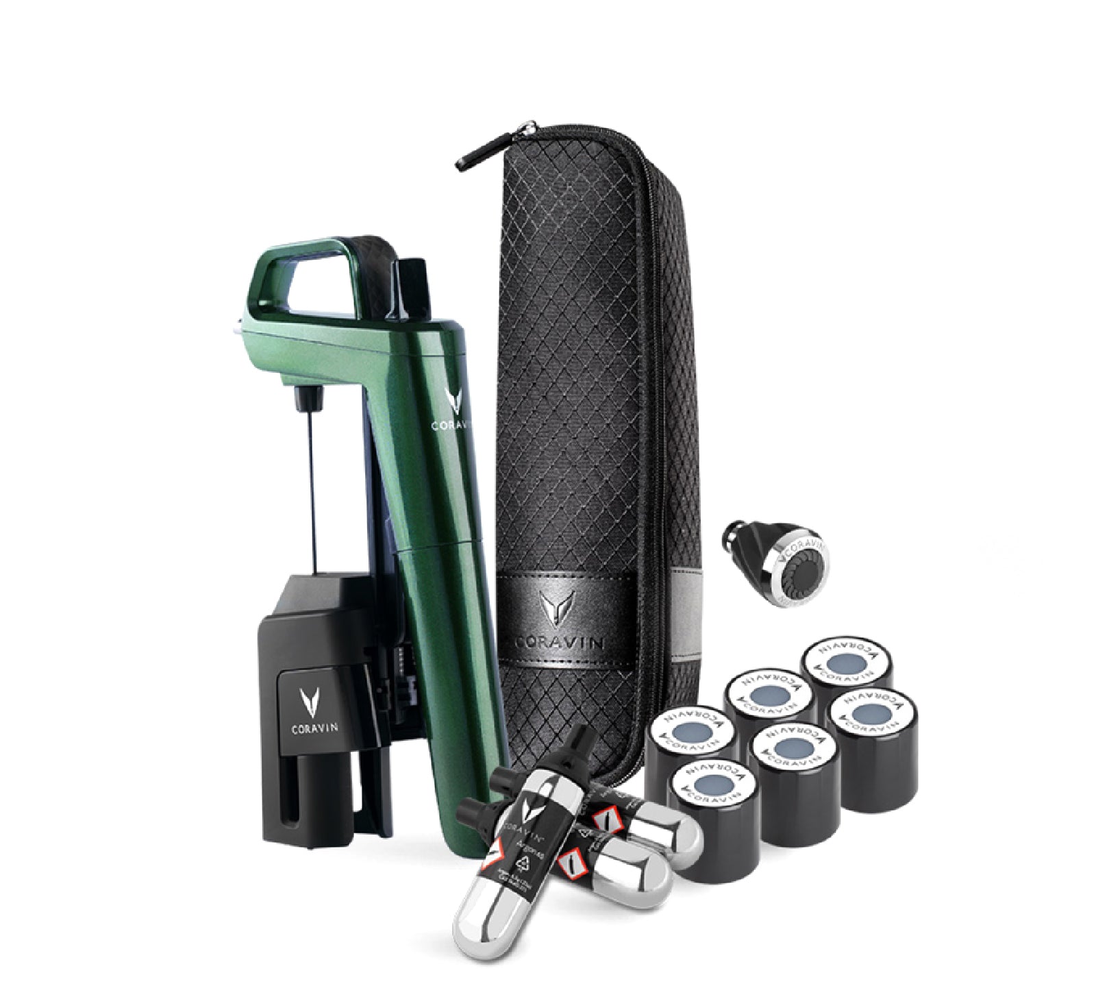 The image displays the Coravin Wine System Model Timeless Six + Forest Green, including the wine preservation system, aerator, pure capsules, screw caps, a carry case, and a needle clearing tool.