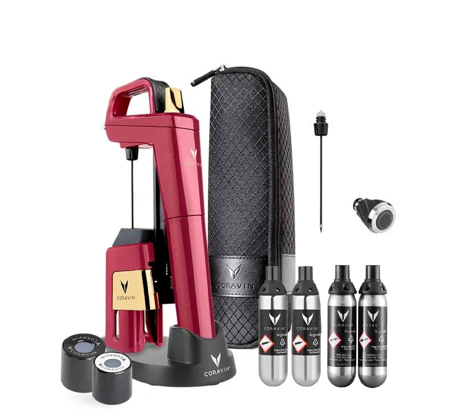 The image displays the Coravin Wine System Model Timeless Six in Lotus Red along with its premium set which includes a wine preservation system, an aerator, pure capsules, a screw cap, a carry case, and a needle clearing tool.