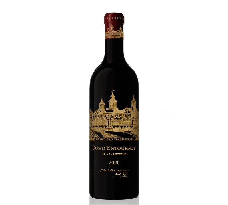 Bottle of Cos d’Estournel St-Estèphe 2020 750ml, a rich Bordeaux red wine with aromas of blackcurrant, cedar, and spice, offering a full-bodied, structured, and elegant palate.