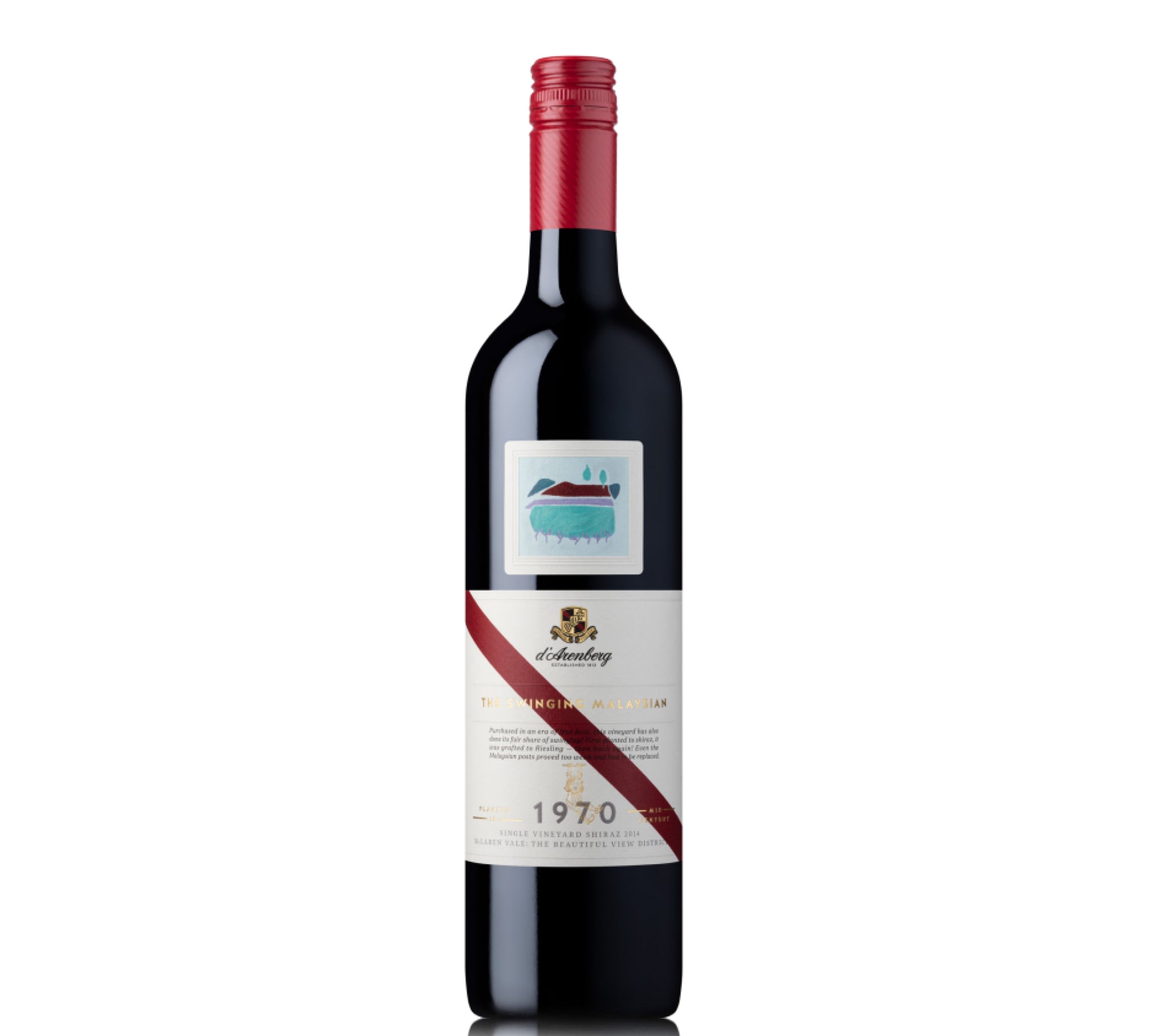 A bottle of D'Arenberg The Swinging Malaysian 2014 red wine