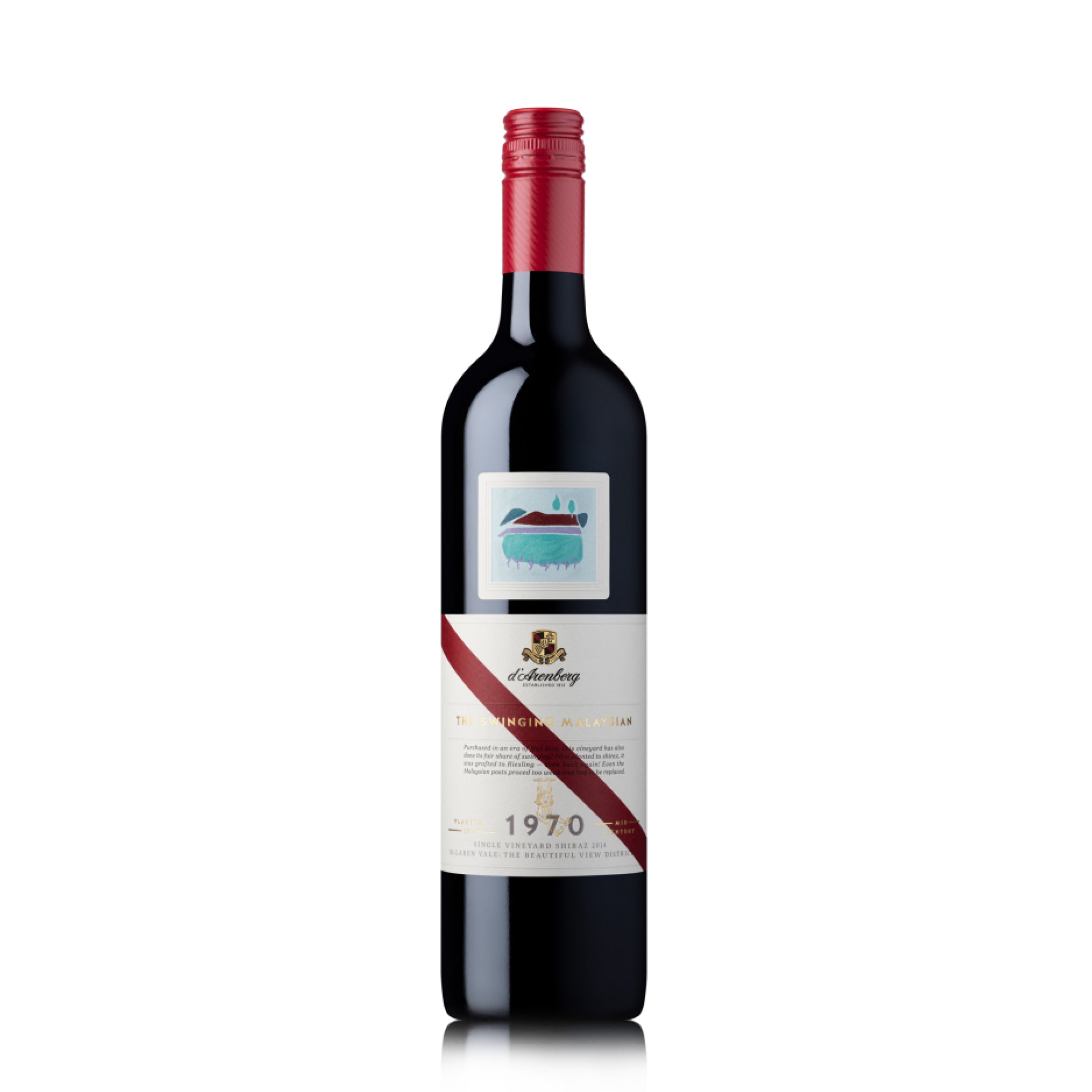 A bottle of D'Arenberg The Swinging Malaysian 2014 red wine