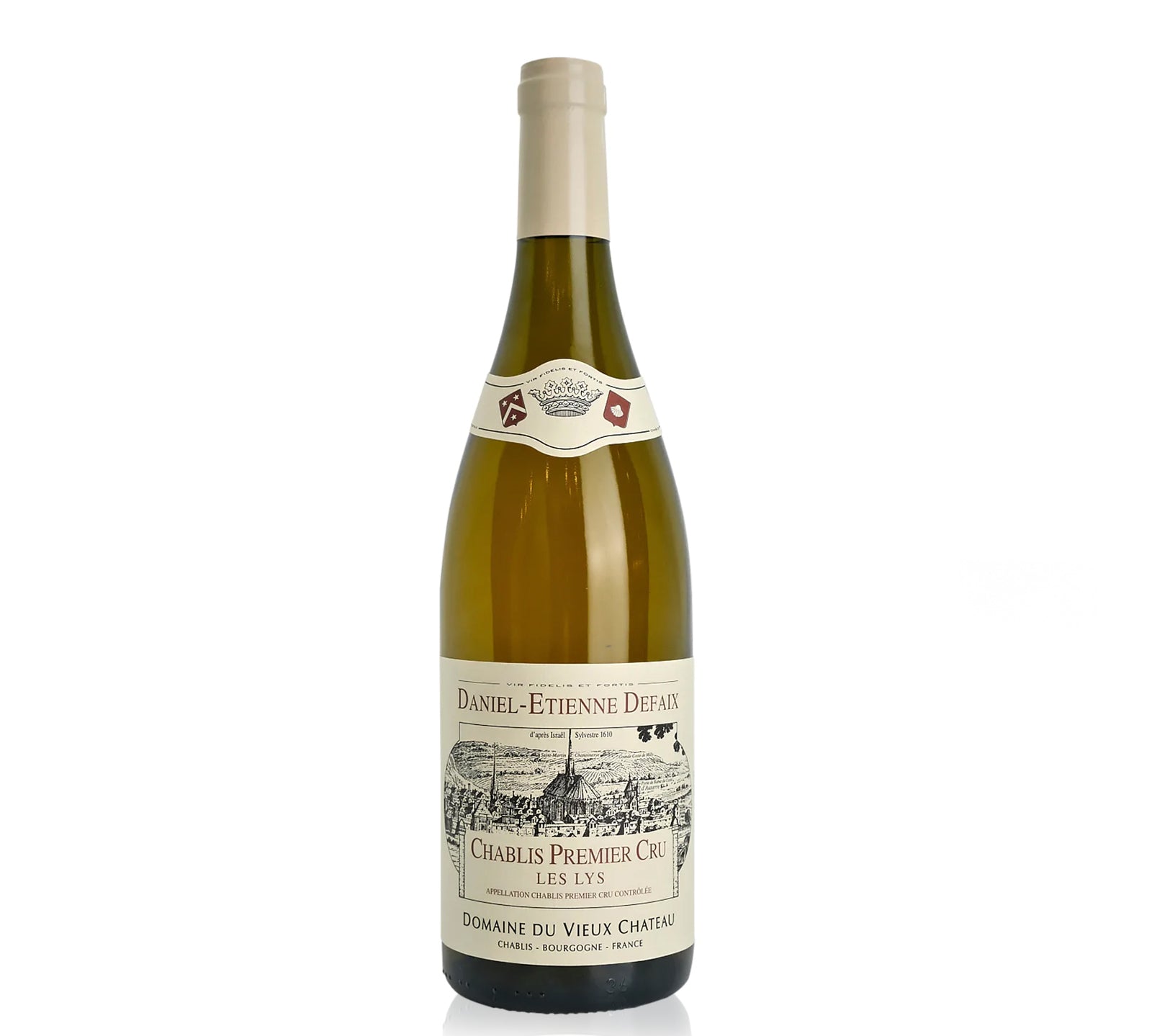 A bottle of Daniel-Etienne Defaix Chablis Premier Cru Les Lys white wine.