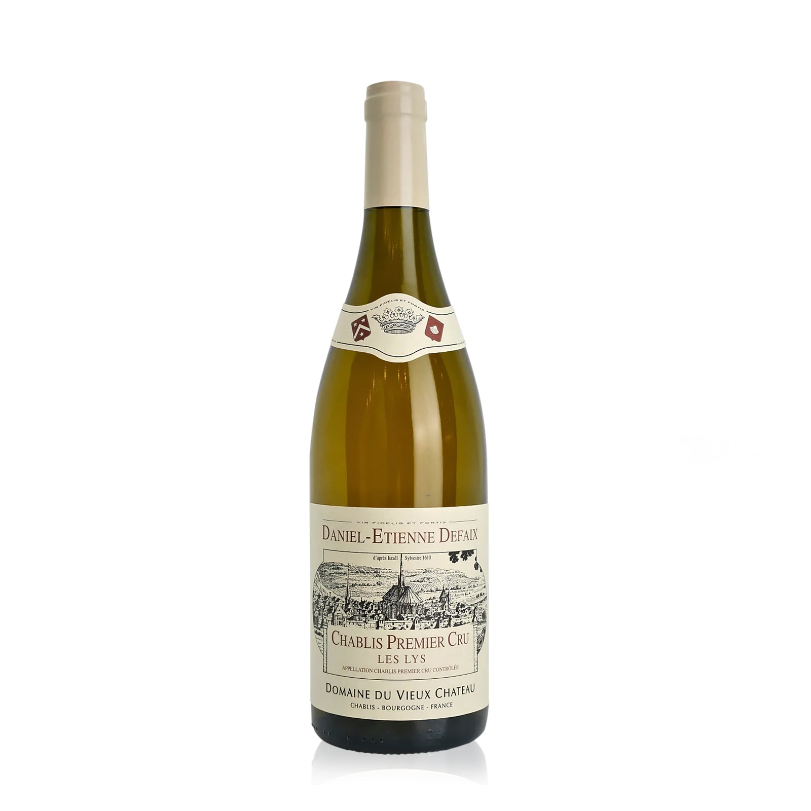 A bottle of Daniel-Etienne Defaix Chablis Premier Cru Les Lys white wine.