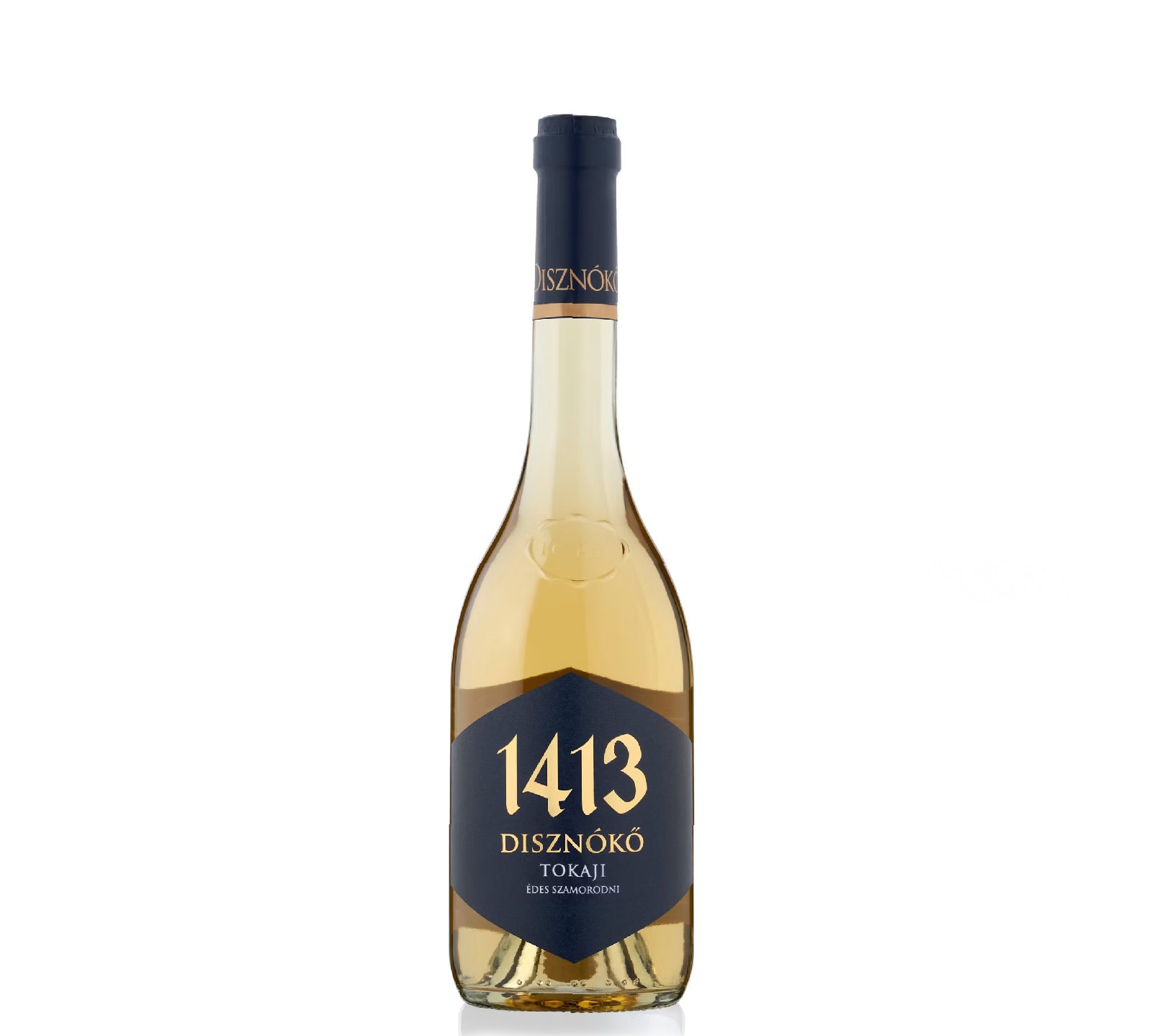 A bottle of Disznoko Tokaji 1413 Edes Szamorodni wine with a golden hue and a blue label.