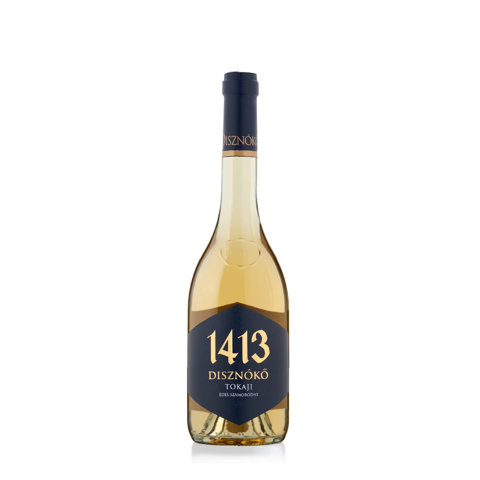 A bottle of Disznoko Tokaji 1413 Edes Szamorodni wine with a golden hue and a blue label.