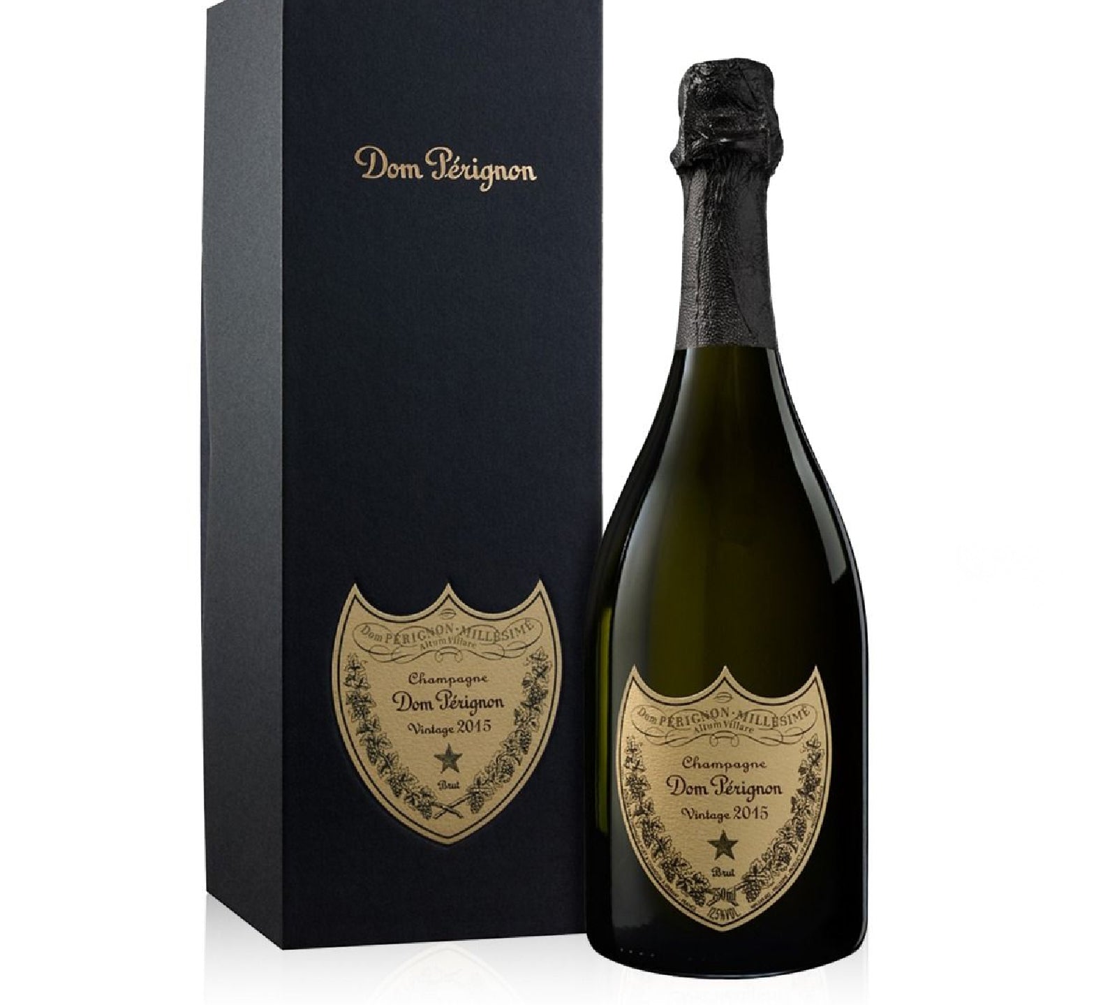 A bottle of Dom Perignon Champagne with its packaging box. The bottle is sealed and has a label with the Dom Perignon branding and the year 2015 visible.