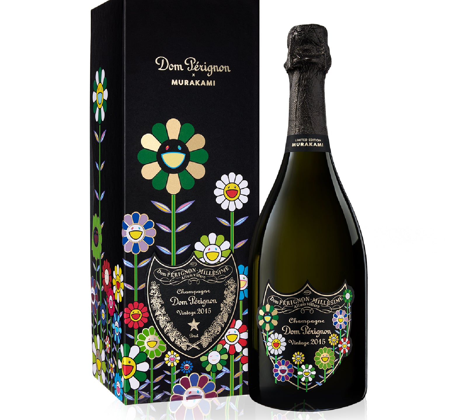 Bottle of Dom Perignon champagne with colorful floral design packaging on a white background