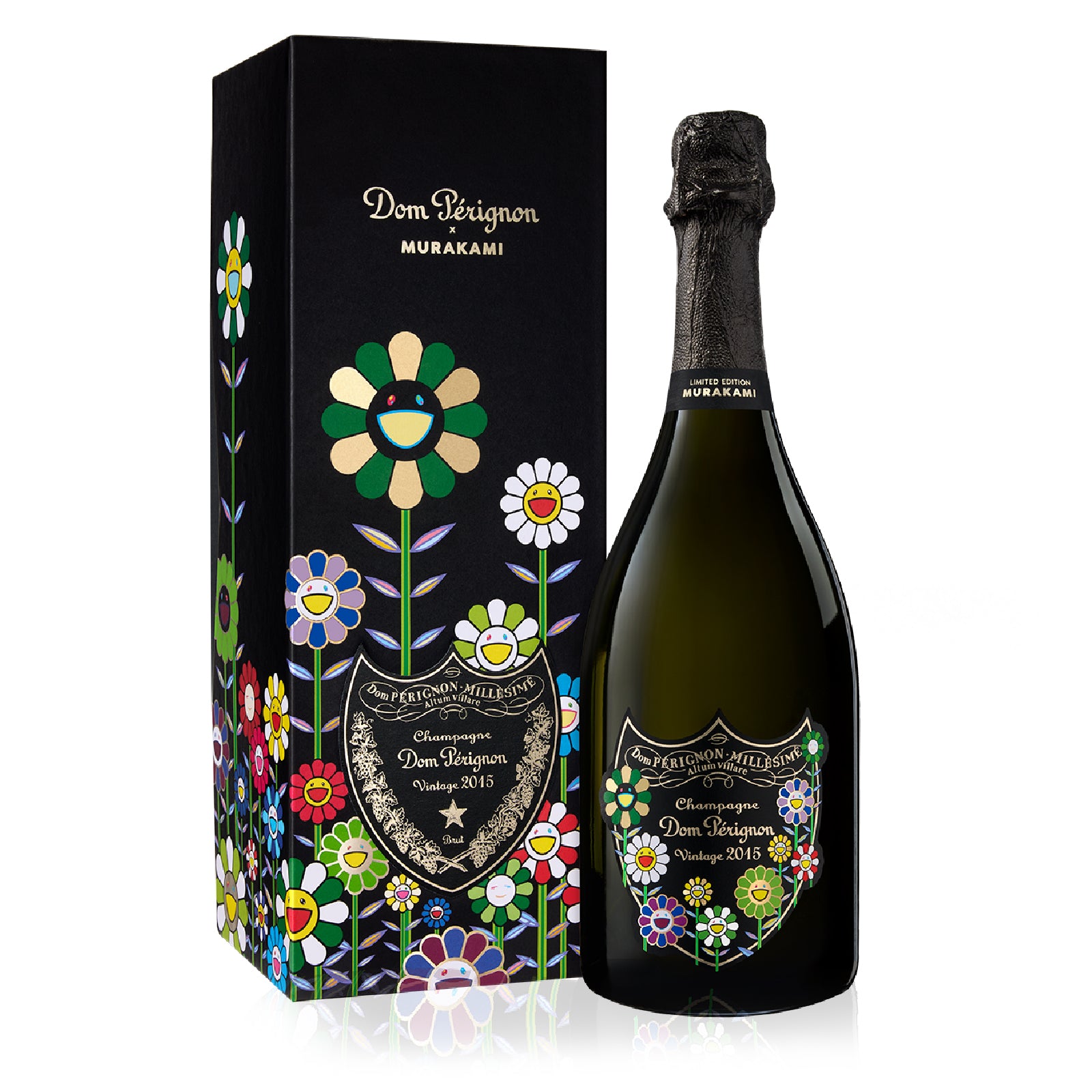 Bottle of Dom Perignon champagne with colorful floral design packaging on a white background