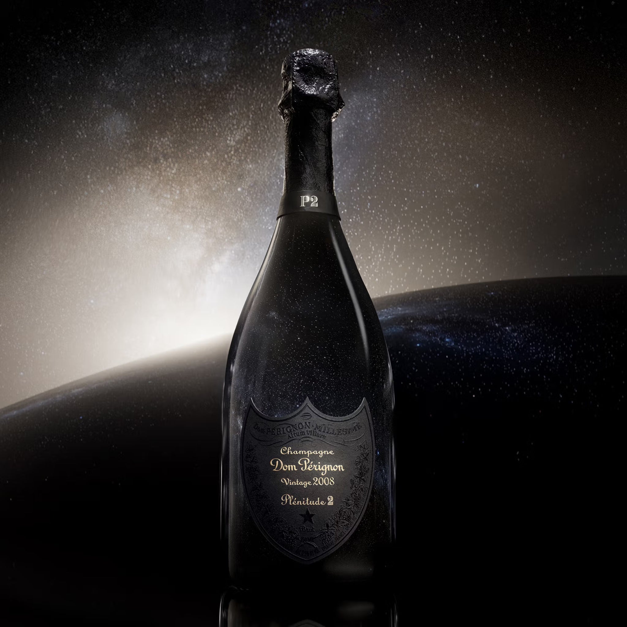 Bottle of Dom Perignon champagne against a space-themed background