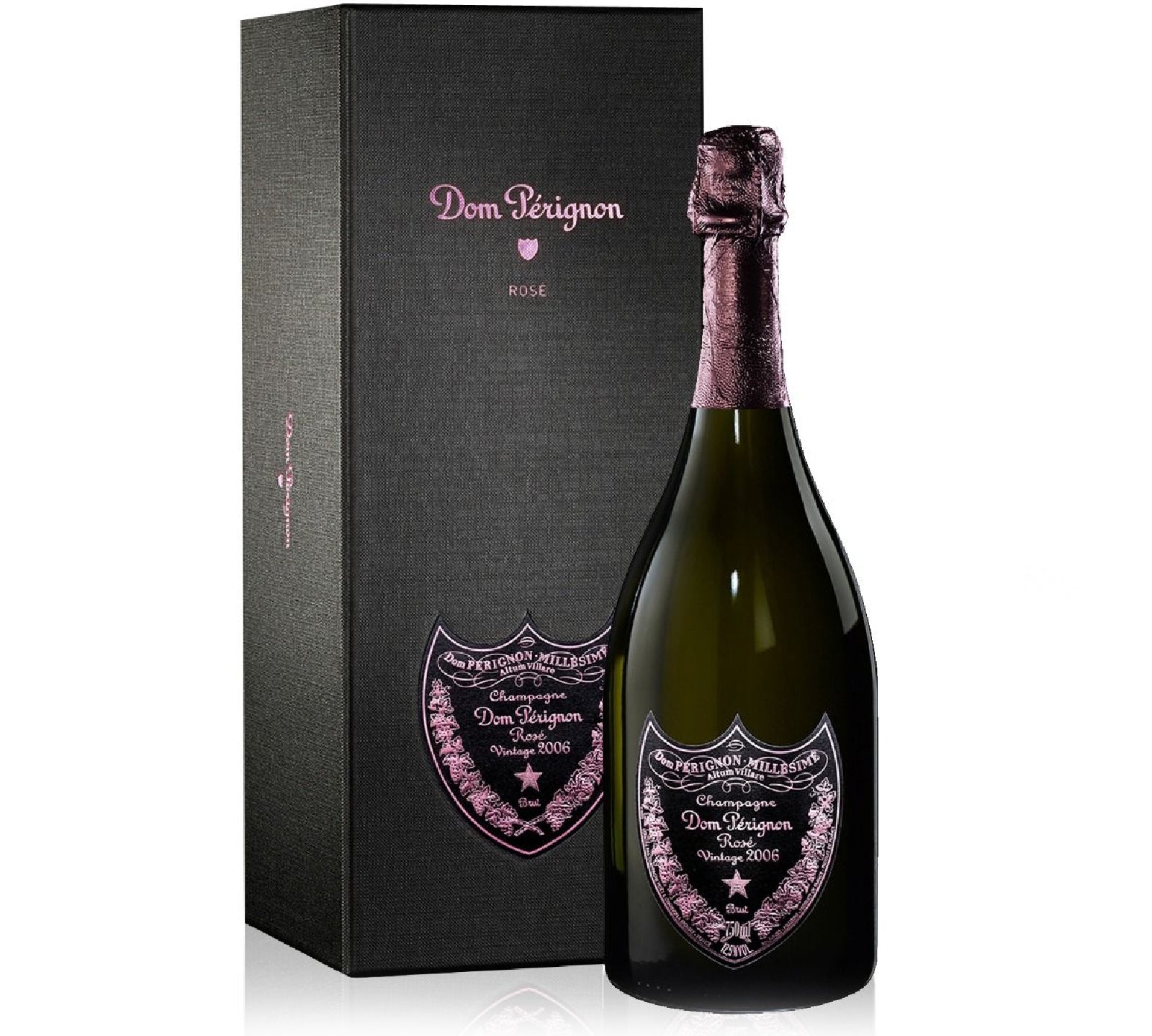 Dom Perignon champagne bottle and packaging on a white background