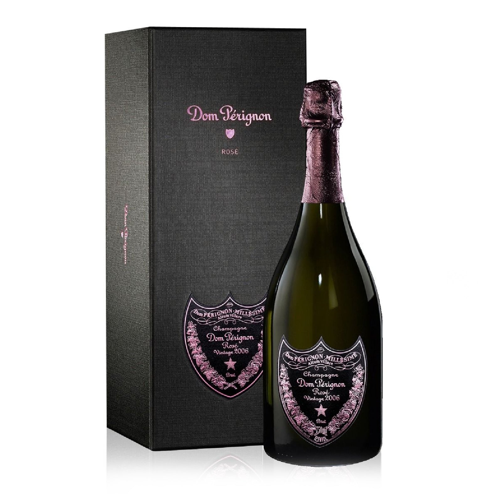 Dom Perignon champagne bottle and packaging on a white background
