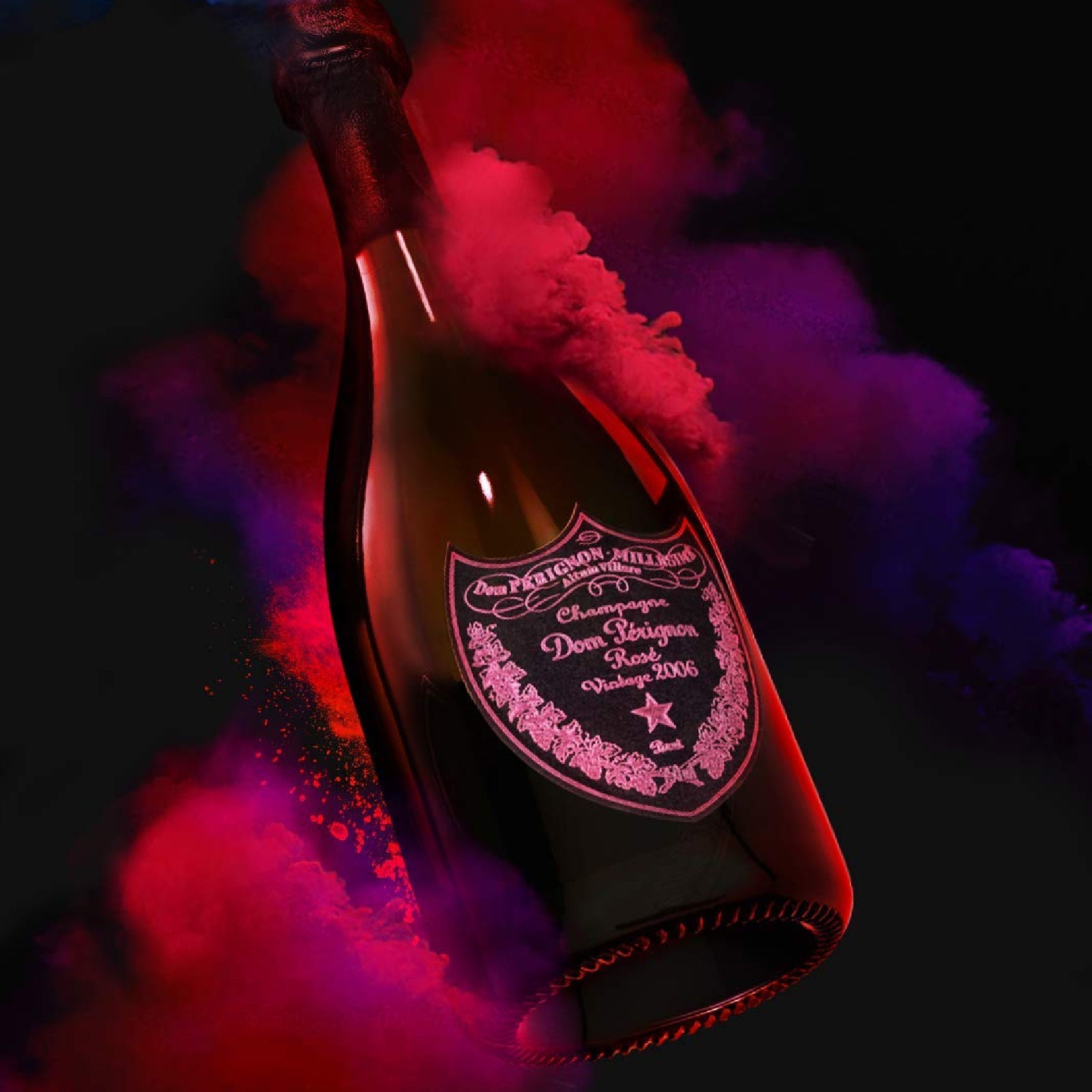 Bottle of Dom Pérignon champagne with a pink label against a dark background with red and purple smoke effects.