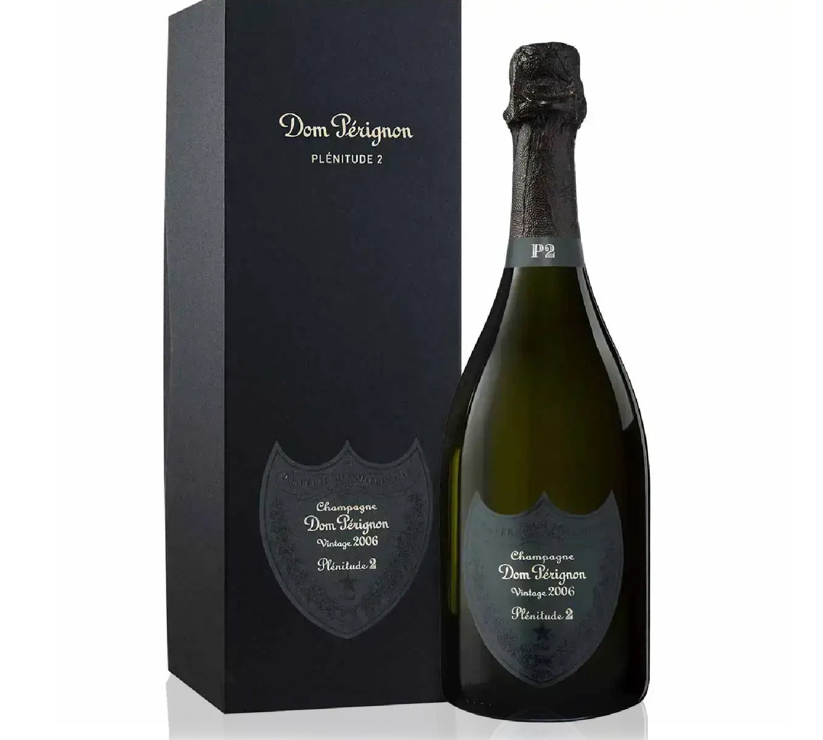 Bottle of Dom Pérignon 2006 vintage Champagne with citrus, white fruit, and toasty notes.
