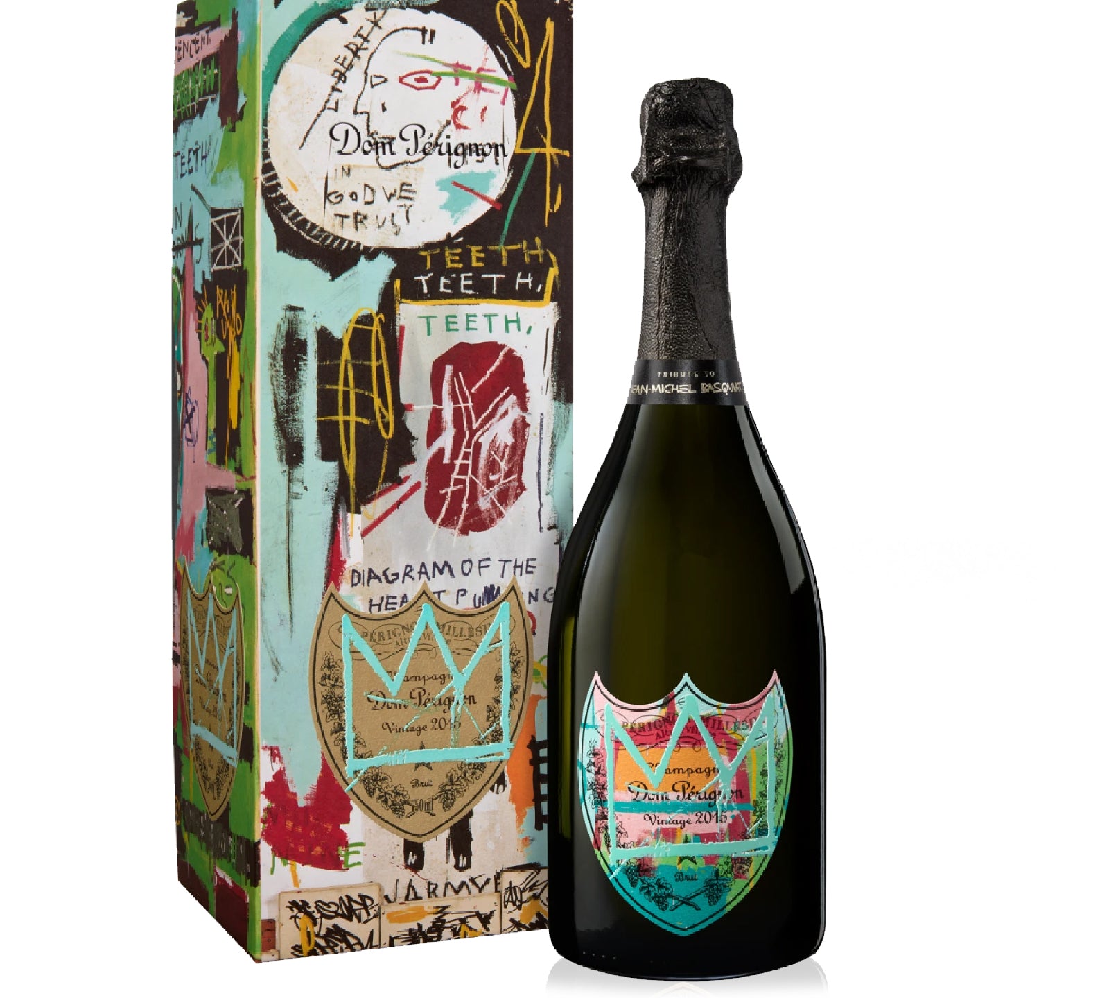 A bottle of Dom Perignon Champagne with a special edition label featuring Basquiat's artwork, accompanied by a matching designed gift box.