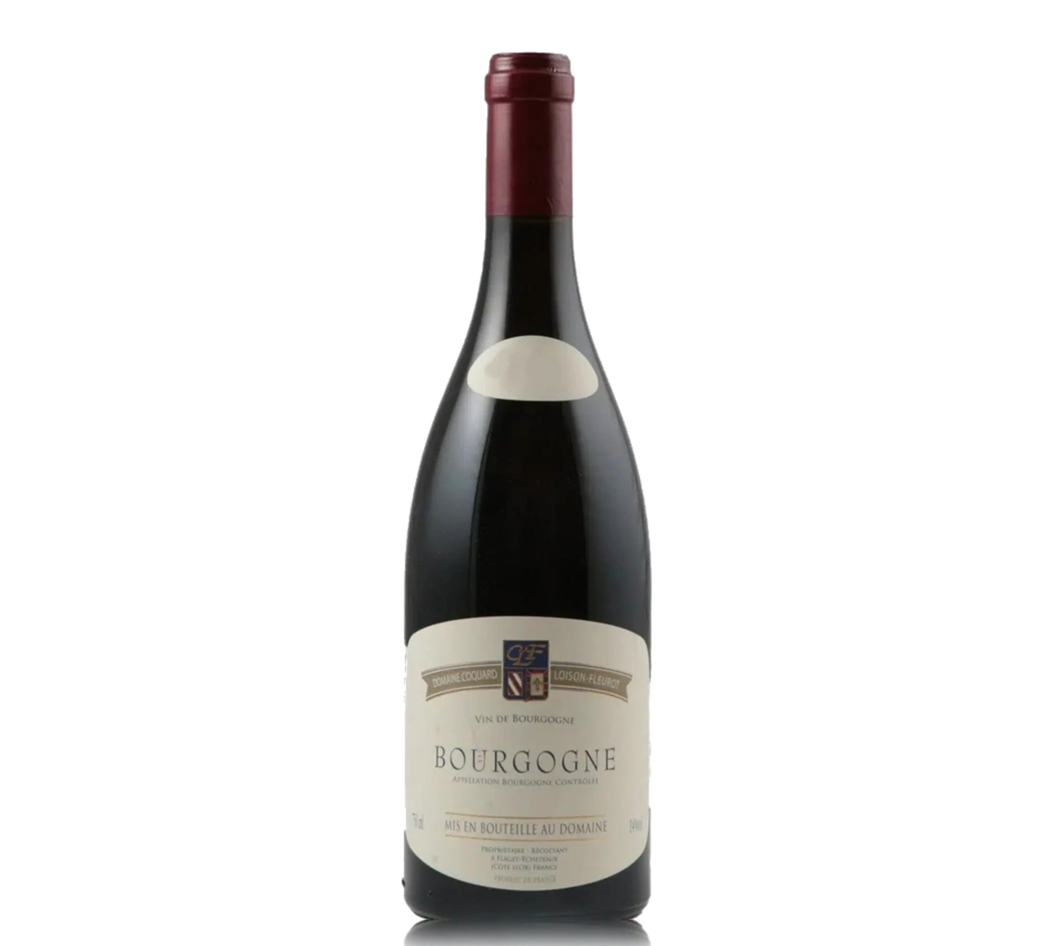 A bottle of Domaine Coquard Loison-Fleurot Bourgogne Rouge wine.