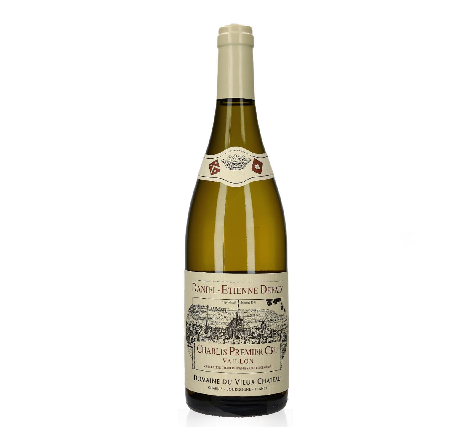 A bottle of Domaine Daniel-Etienne Defaix Chablis 1er Cru Vaillon white wine with a label depicting the vineyard.