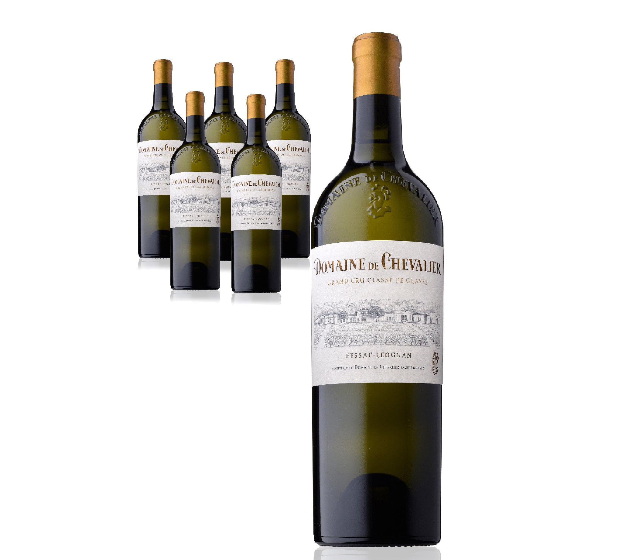 Set of wine bottles with 'Domaine de Chevalier' label on a white background