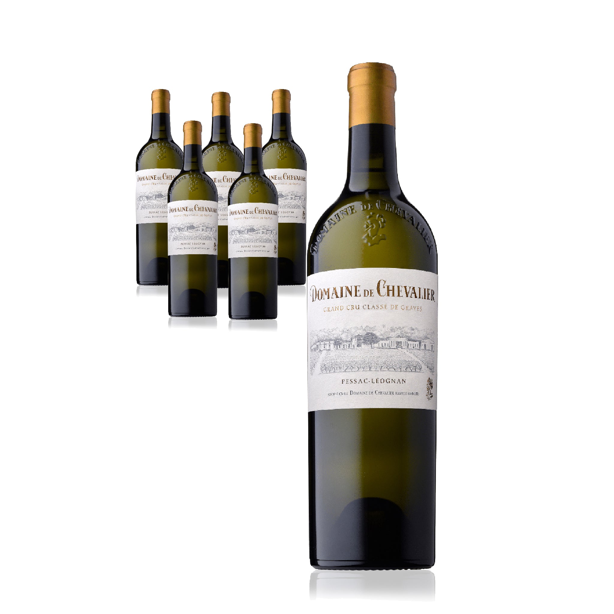 Set of wine bottles with 'Domaine de Chevalier' label on a white background